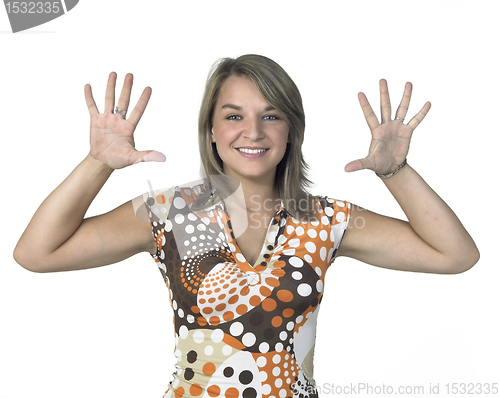 Image of smiling blond girl showing two open hands