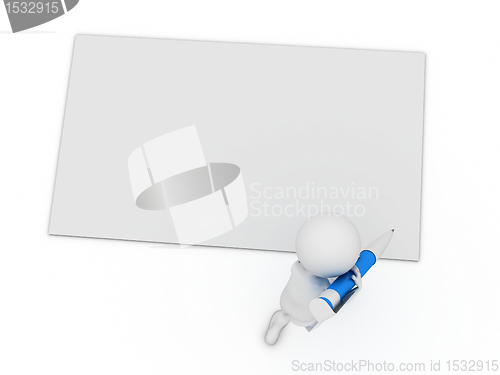 Image of little 3d character write a card with big pen isolated on white 