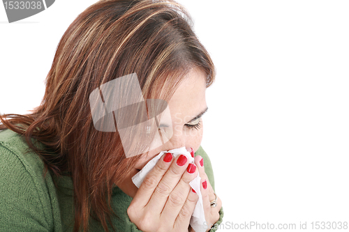 Image of Sick woman with tissue on white 