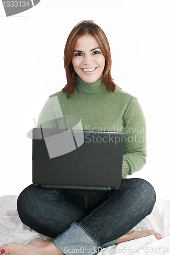 Image of Woman student sitting with laptop isolated on white background