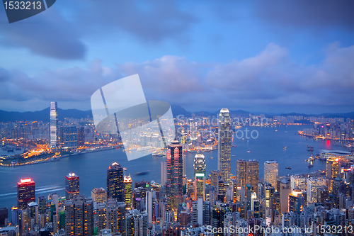 Image of sunset of cityscape in Hong Kong 