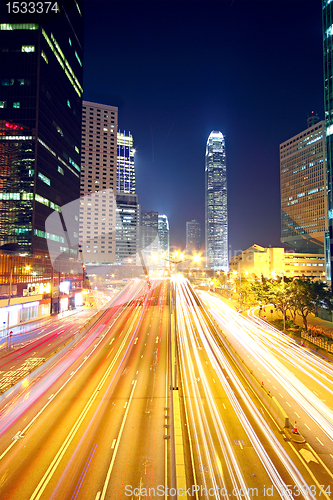 Image of traffic in downtown in hong kong at night