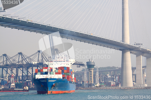 Image of container ship and modern bridge