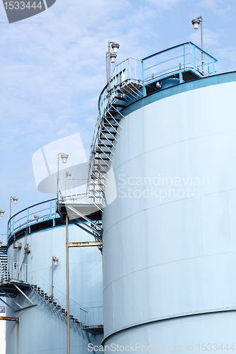 Image of large white tanks for petrol and oil in the Rotterdam harbor