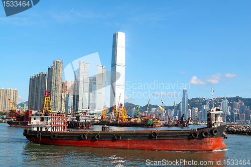 Image of Construction barges in in Victoria Harbor, Hong Kong