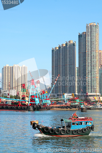 Image of Traditional Chinese fishing junk in Victoria Harbor, Hong Kong 