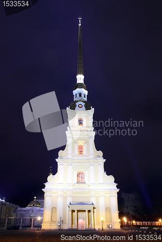 Image of cathedral temple in petropavlovskaya fortress at night