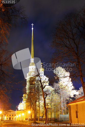 Image of cathedral temple in petropavlovskaya fortress at night