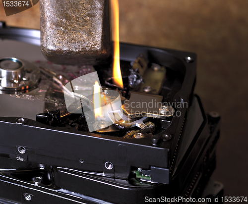 Image of destroying a hard disk with huge hammer