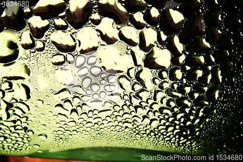 Image of Green drops of water - light from backside. Macro