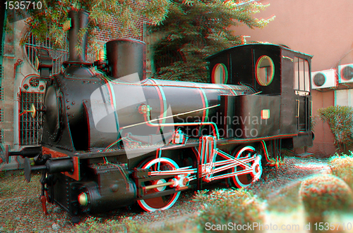 Image of 3D anaglyph of old-time locomotive