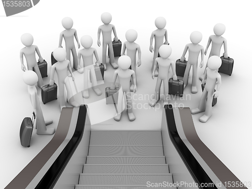 Image of Crowd of tourists before escalator