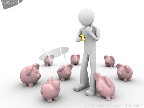 Image of man making choice where to put savings holds coin in hands in th