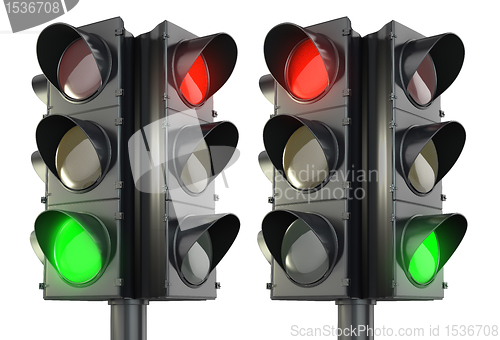 Image of Four sided traffic lightm red and green variations