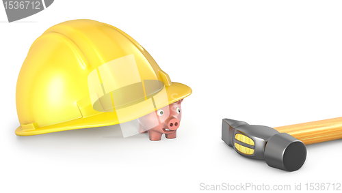 Image of Piggy bank looks out of large helmet