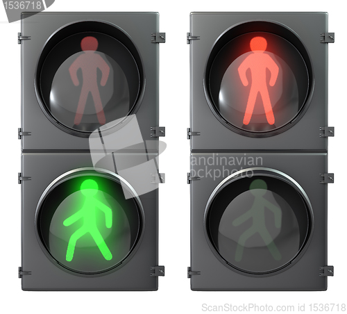 Image of Set of pedestrian light lights with walk and go lights,front vie