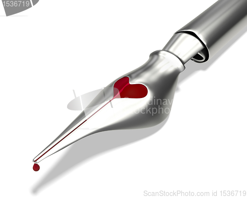 Image of Metal ink pen nib with a heart shaped hole closeup