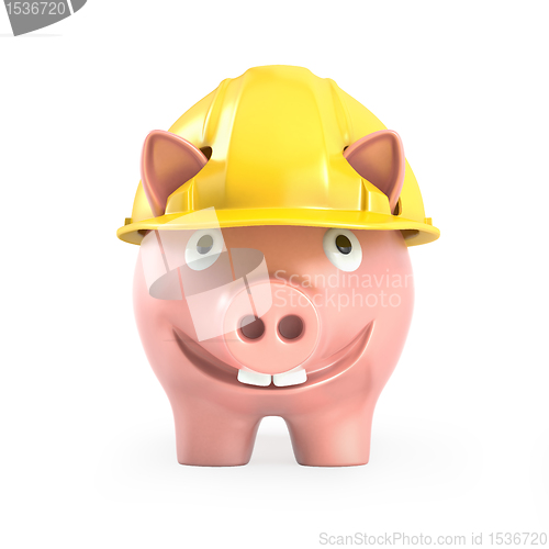 Image of Piggy bank wears yellow helmet, front view