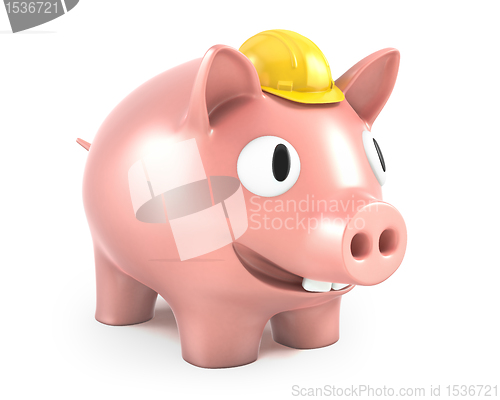 Image of Piggy bank wears small yellow helmet