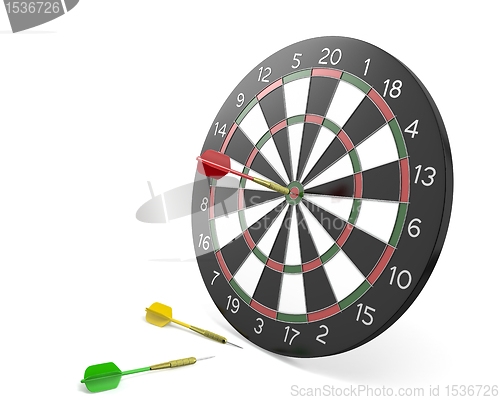 Image of One dart hit the center of board and two missed