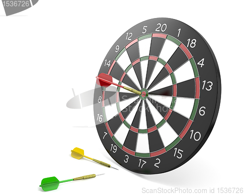 Image of One dart hit the center of board and two missed
