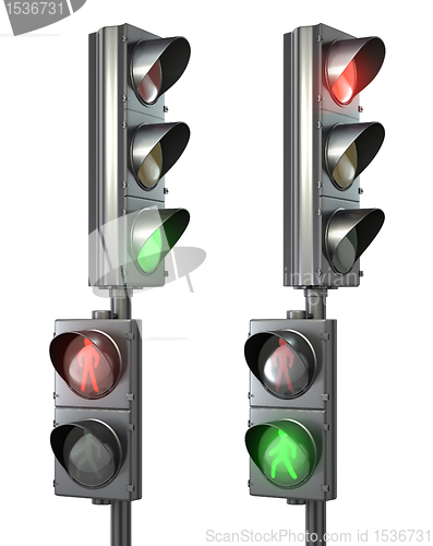 Image of Set of pedestrian light lights with walk and go lights