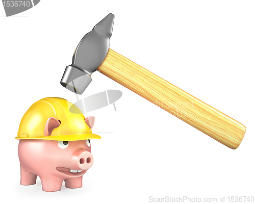 Image of Piggy bank in yellow helmet under large hammer