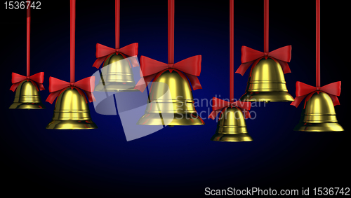 Image of A lot of Christmas bells with red ribbons