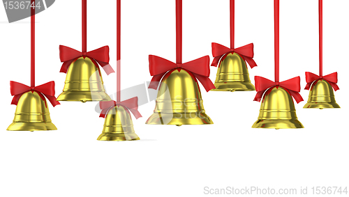 Image of A lot of Christmas bells with red ribbons