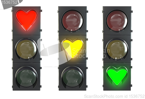 Image of Set of traffic light with heart shaped red, yellow and green lam