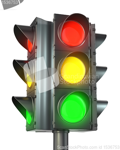 Image of Four sided traffic light with red, yellow and green