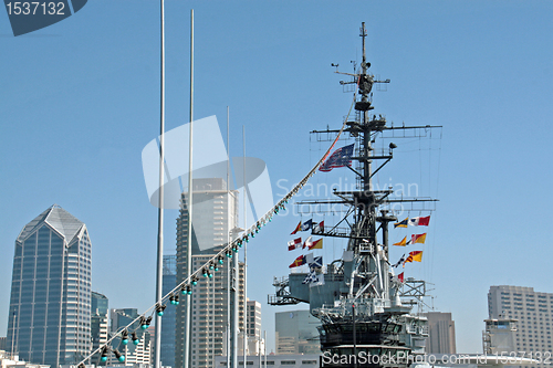 Image of ships mast and buildings