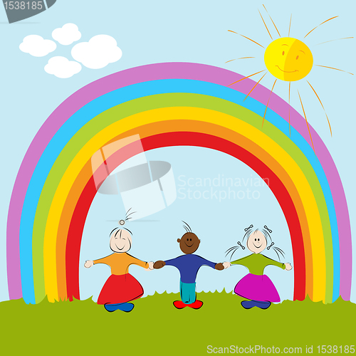 Image of kids on rainbow background