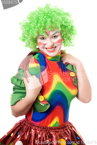 Image of Portrait of cheerful female clown