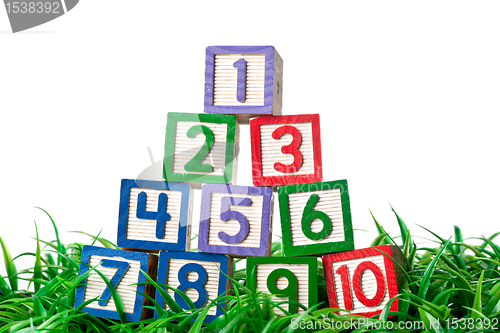 Image of Number blocks stacked on grass