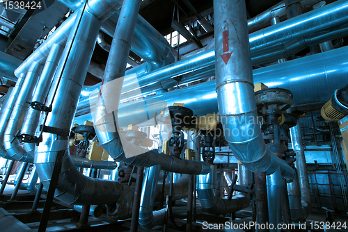 Image of Industrial zone, Steel pipelines and cables in blue tones