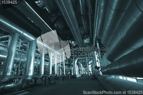 Image of Industrial zone, Steel pipelines and cables in blue tones