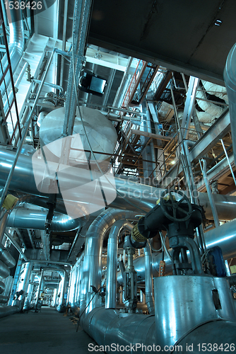 Image of Industrial zone, Steel pipelines and cables in blue tones