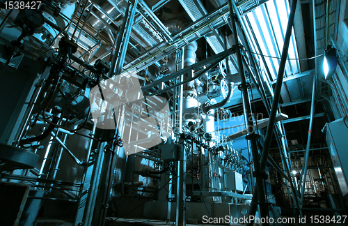 Image of Industrial zone, Steel pipelines and cables in blue tones