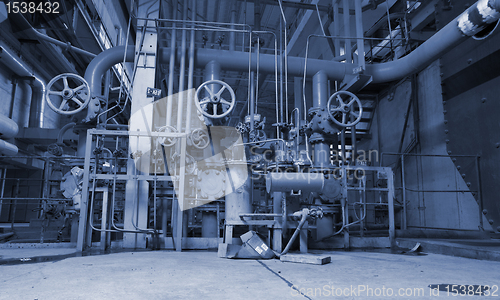 Image of Industrial zone, Steel pipelines and cables in blue tones