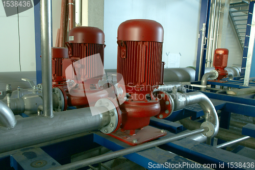 Image of Industrial zone, Steel pipelines and pumps at factory