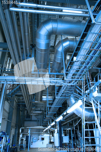 Image of Industrial zone, Steel pipelines and cables in blue tones