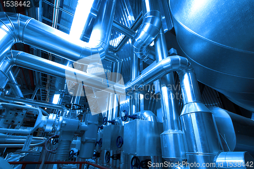 Image of Industrial zone, Steel pipelines and cables in blue tones