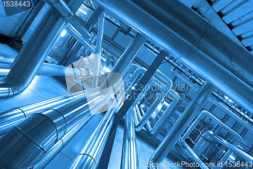 Image of Industrial zone, Steel pipelines and cables in blue tones