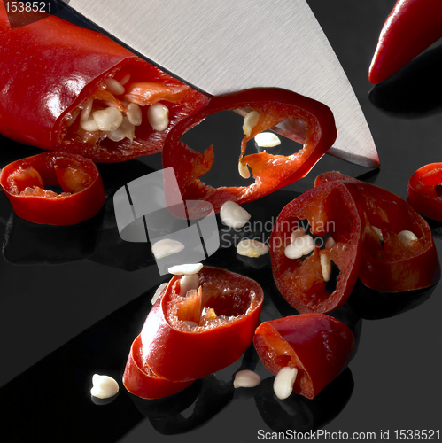 Image of sliced chillies and blade