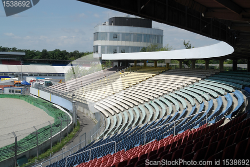 Image of racetrack tribune in sunny ambiance