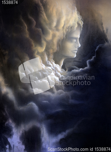 Image of meditative face and stormy clouds