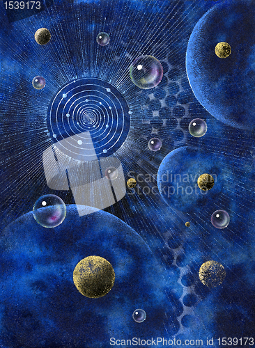 Image of abstract picture with planets and bubbles