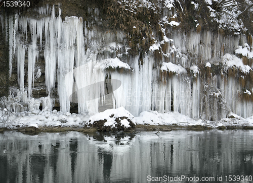 Image of river and lots of icicles