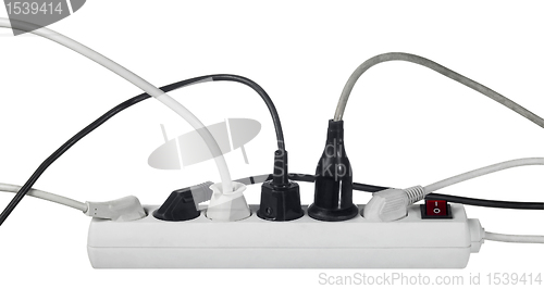 Image of white multiple socket and plugs sideways